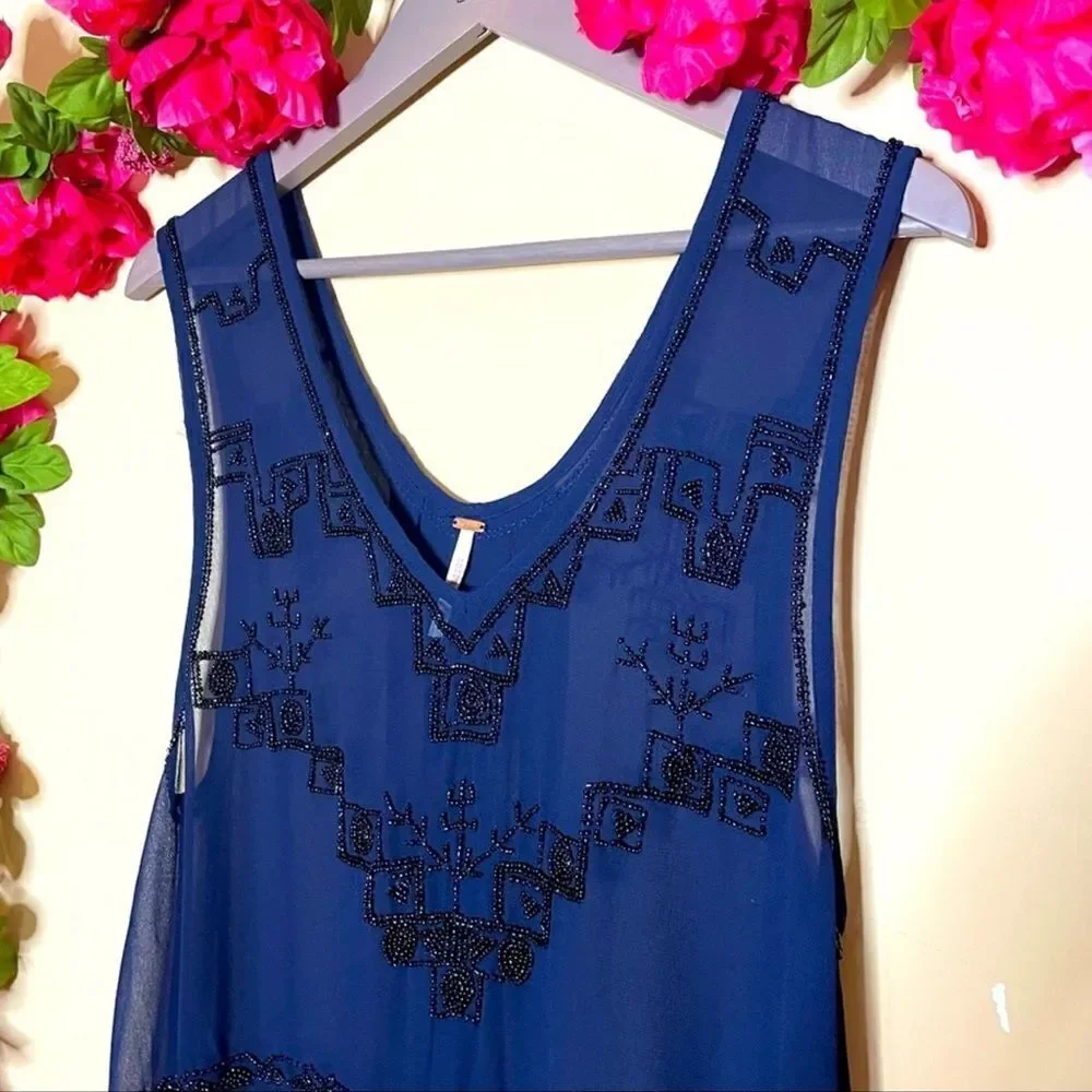 Free People Navy Blue Sheer Beaded Run With It Tank Top
